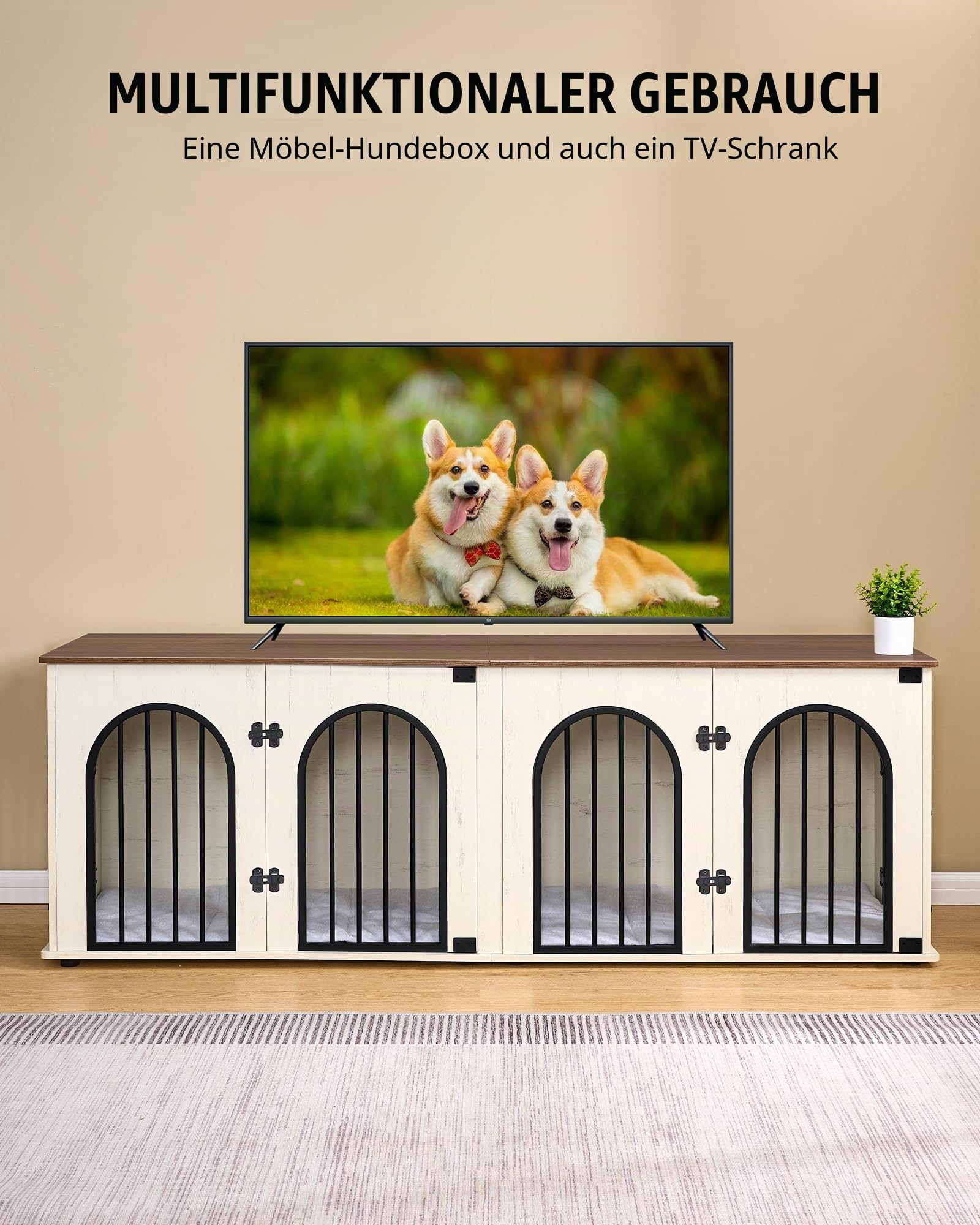 Hzuaneri 180 cm Hundekäfig Möbel für 2 Hunde, Doppel-Hundebox mit Kissen, Hundebox aus Holz mit Trennwand, Hundekäfig-Beistelltisch, TV-Ständer-Design für Mittlere/Große Hunde, Weiß Braun DFC91914B