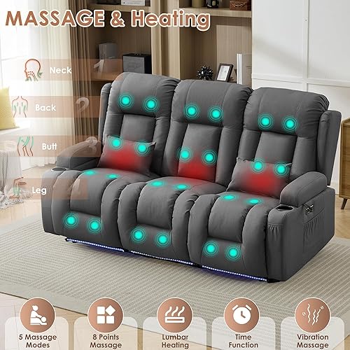 Miniatura 5 de TUNYI Sofá reclinable eléctrico con masaje y calor, asiento de cine en casa con consola, sofá reclinable eléctrico para caravana con
