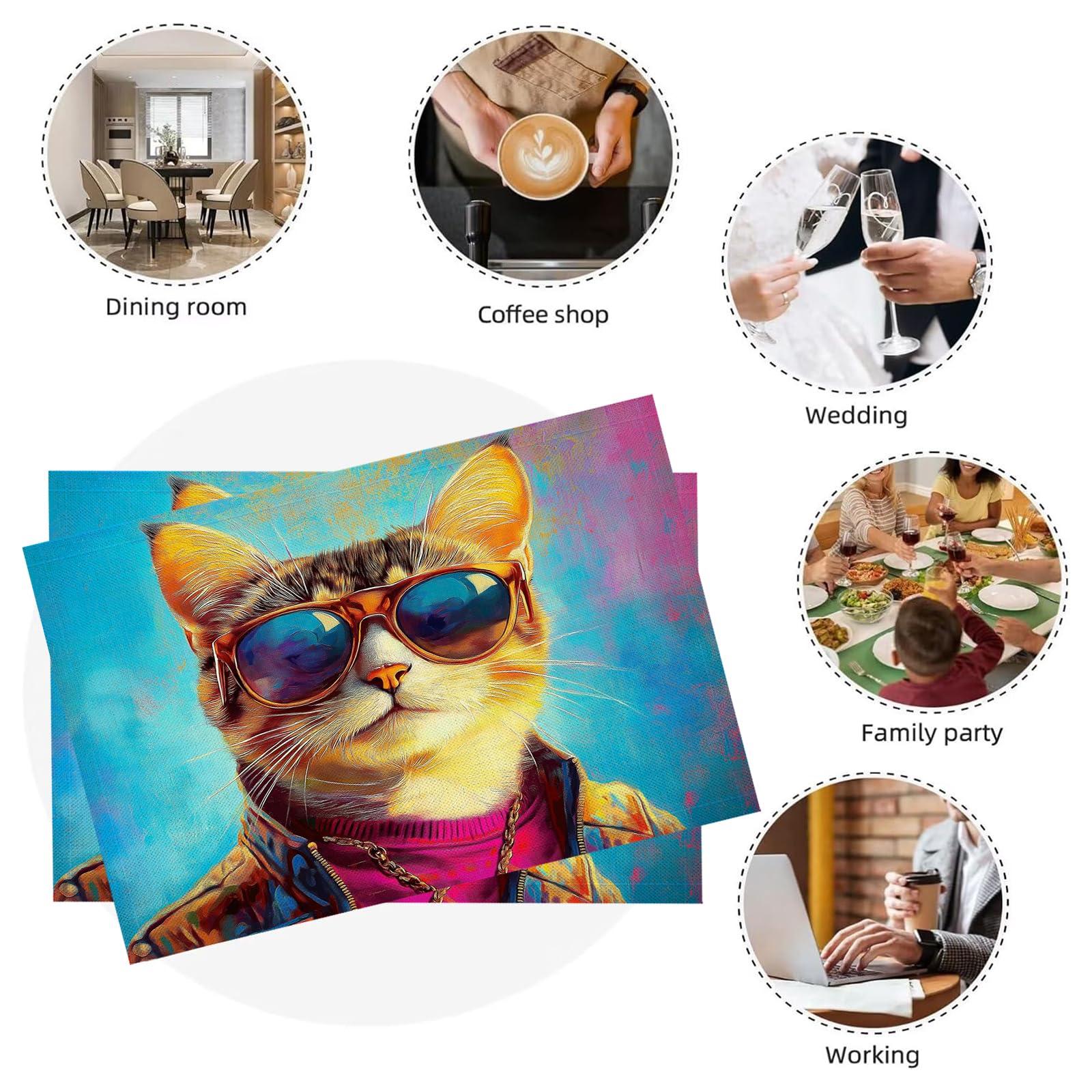Set de Table Animaux de Dessin animé Lavable - Lot 8 Sets de Table Tissu Coton et Lin 45×30cm Lavable en Machine - Beau Chat Napperon Rectangulaire Exterieur Interieur