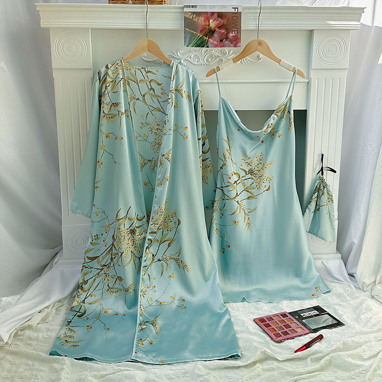 Generic Satynowa damska jedwabna koszula nocna Cami z zestawem szat 2-częściowa bielizna nocna Seksowna koszula nocna Kimonos,Light green,M