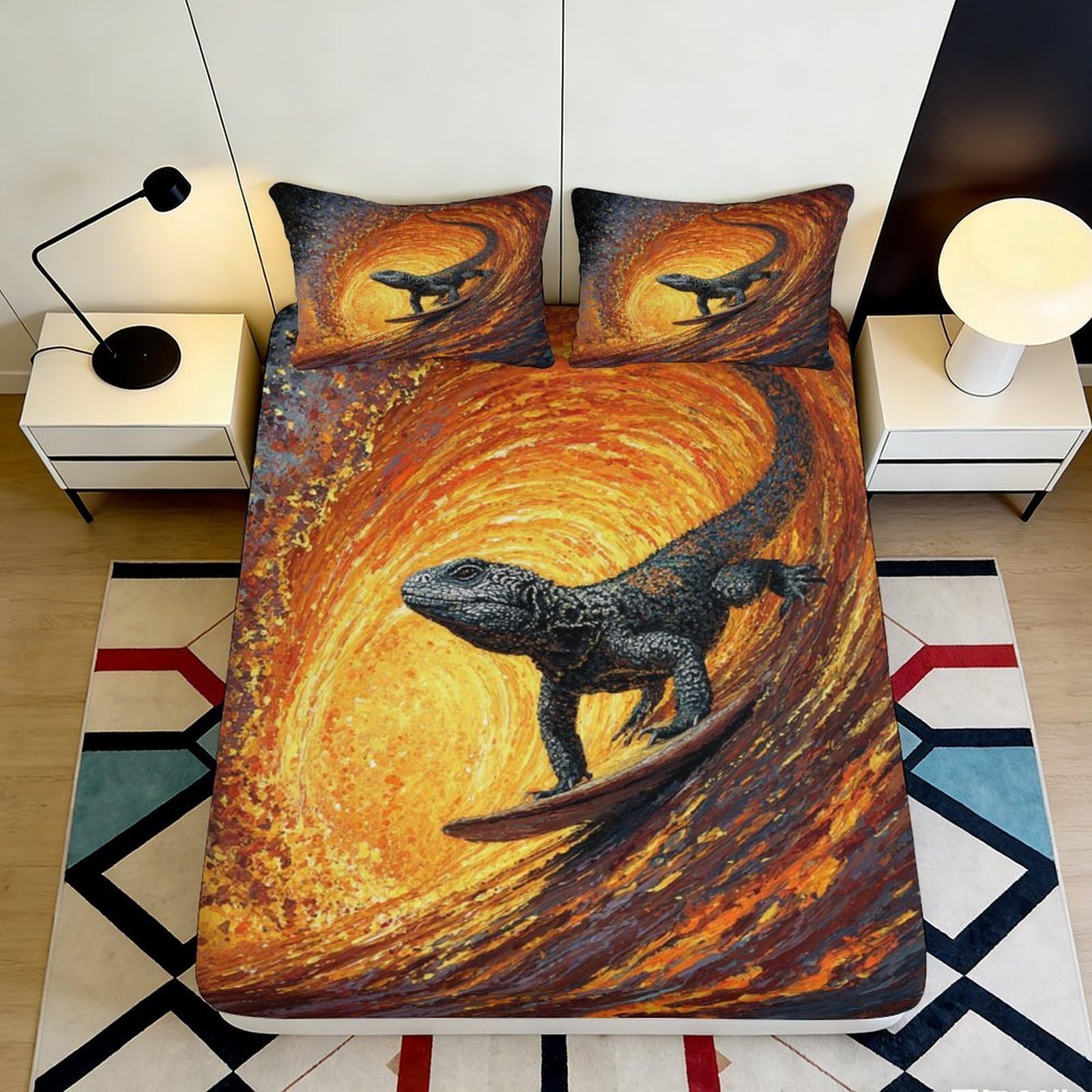 3D Printed Surfing Lizard Fitted Sheet Microfiber Orange Wave Mattress Cover Anti-Slip Machine Washable for Bedroom Dorm Decor 120x200x25cm