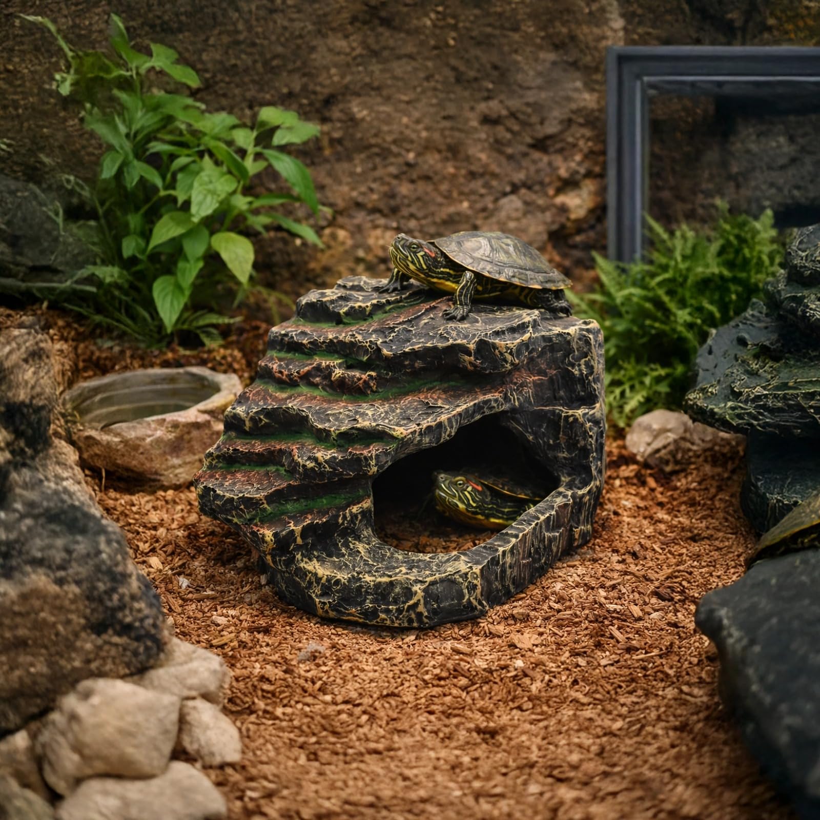 Platforma do wygrzewania się żółwia, 7.1 in / 18 cm, sztuczna jaskinia skalna z wielopoziomowymi stopniami, żywica dla gadów dla żółwia, dekoracja akwarium, naturalne schronienie i miejsce do
