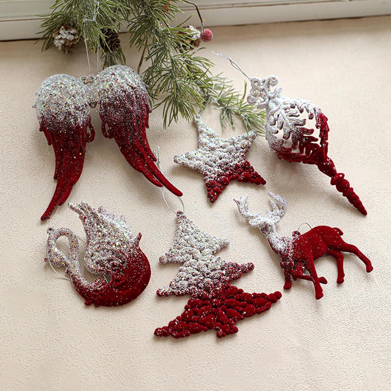 Pack of 8 Christmas Tree Flocking Ornaments Star Dancer Reindeer Pendant for Holiday Decors Photo Props