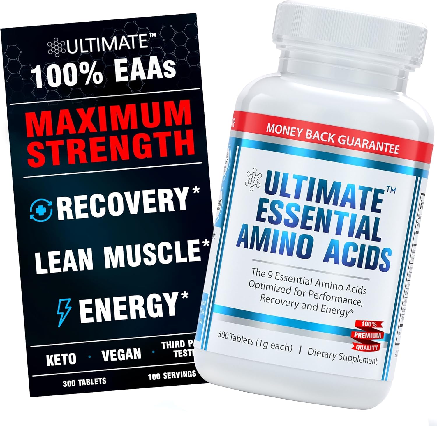 Ultimate 100% Essential Amino Acid Supplement - 3rd Party Tested - 300 Easy-to-Swallow, 1g Coated Tablets - All 9 EAA with 40% Leucine in Optimized BCAA Ratio - Improve Fitness & Performance - Non-GMO