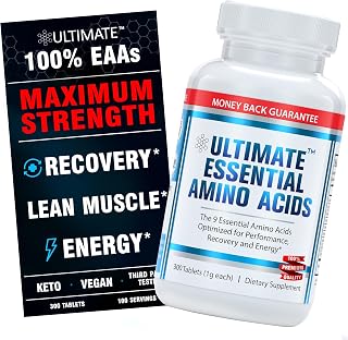 Ultimate 100% Essential Amino Acid Supplement - 3rd Party Tested - 300 Easy-to-Swallow, 1g Coated Tablets - All 9 EAA with 40% Leucine in Optimized BCAA Ratio - Improve Fitness & Performance - Non-GMO