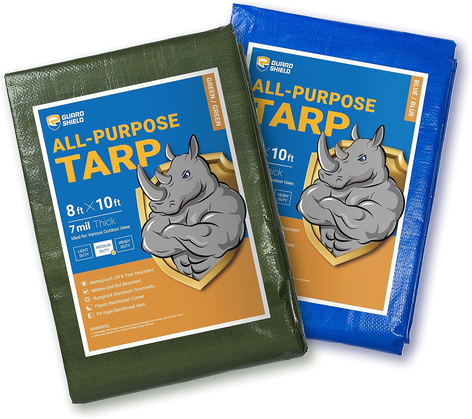 GUARD SHIELD Tarp 2 Pack Bundle Blue and Green 8x10 Feet Waterproof Medium Duty All Purpose Poly Tarps Cover 7mil