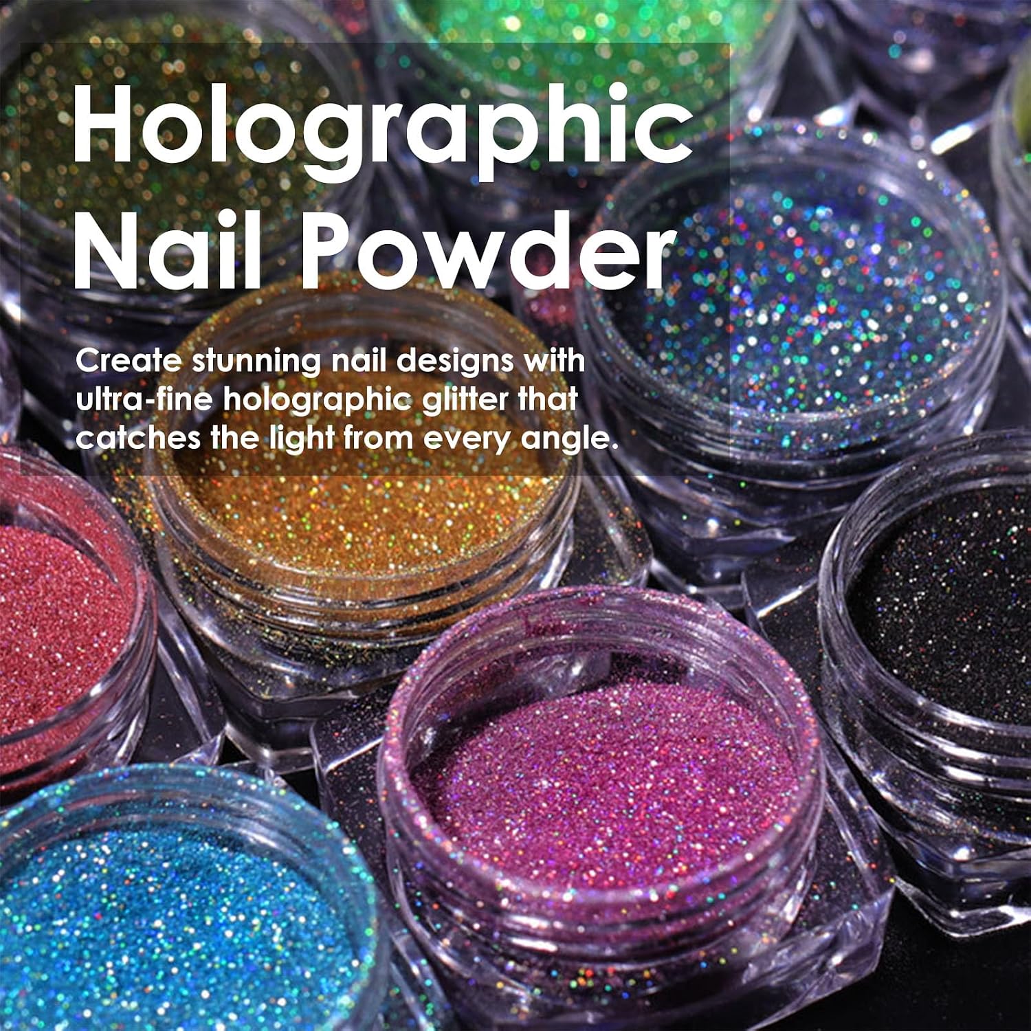 12 Colors Holographic Nail Powder, Chrome Nail Powder Kit Black Blue Pink Colorful Ultra Fine Laser Glitter Powder, Metallic Mirror Dust for Salon Home Nail Art DIY