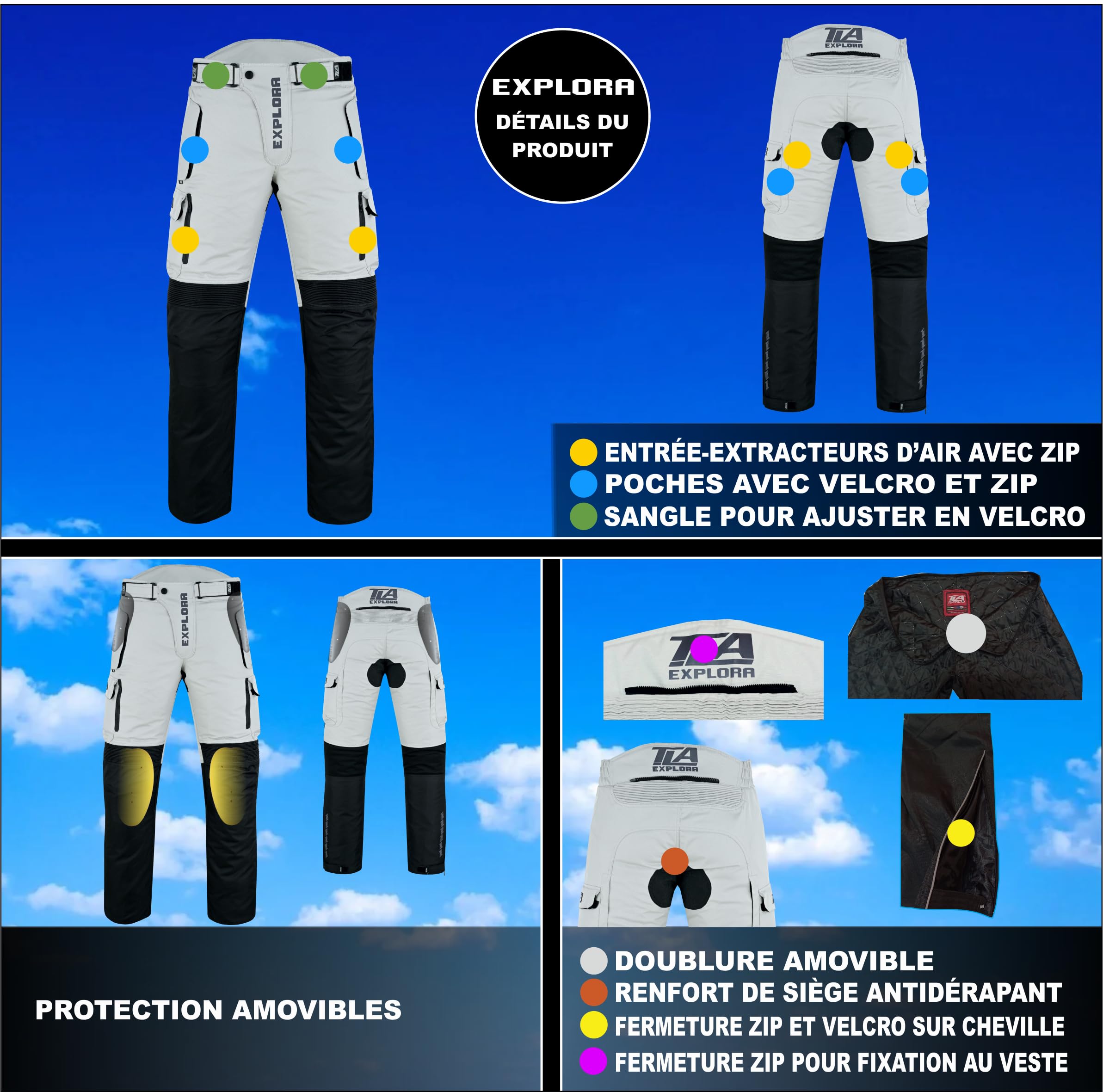 TLA EXPLORA Pantaloni Moto con Protezioni a 2 Strati, 4 Stagioni, Imbottitura Staccabile, Traspirante, Taglie sino 6XL Unisex per Uomo e Donna, Pantaloni Moto Enduro, Quad, ATV, motoslitta