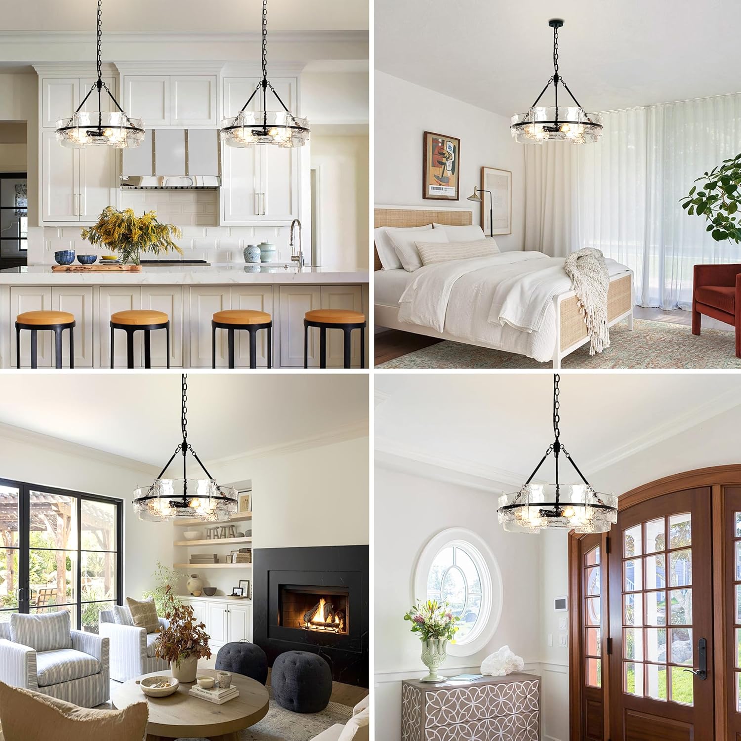 Water Textured Black Glass Drum Chandelier,Glass Chandeliers for Dining Room 20.8" Round Chandelier Dining Room Light Fixtures Over Table Modern Farmhouse Glass Pendant Light for Living Room Foyer