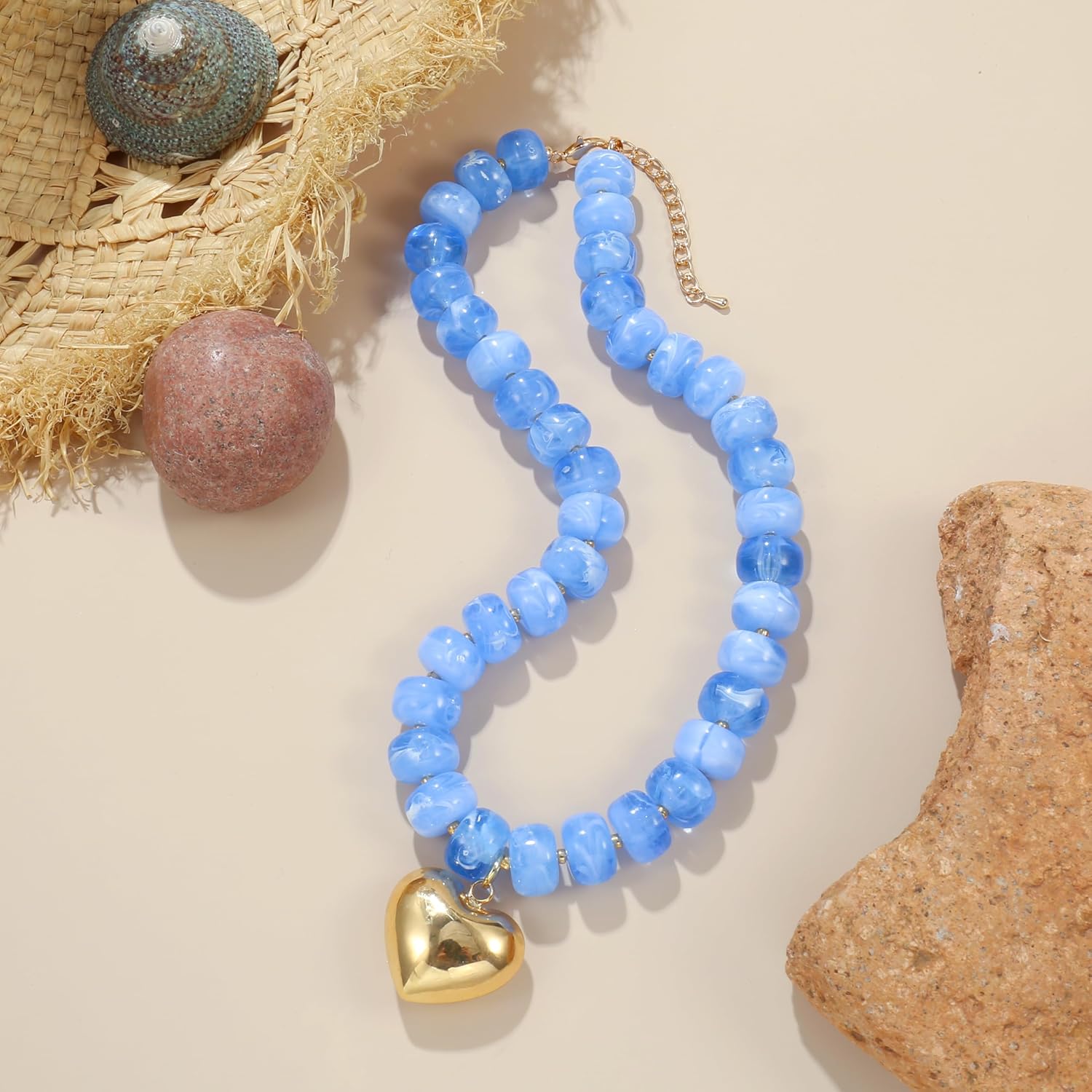 Chunky Heart Necklace for Women, Colorful Acrylic Beaded Statement Puff Heart Necklace, Cute Boho Y2K Choker Necklace for Gift Jewelry - Image 6