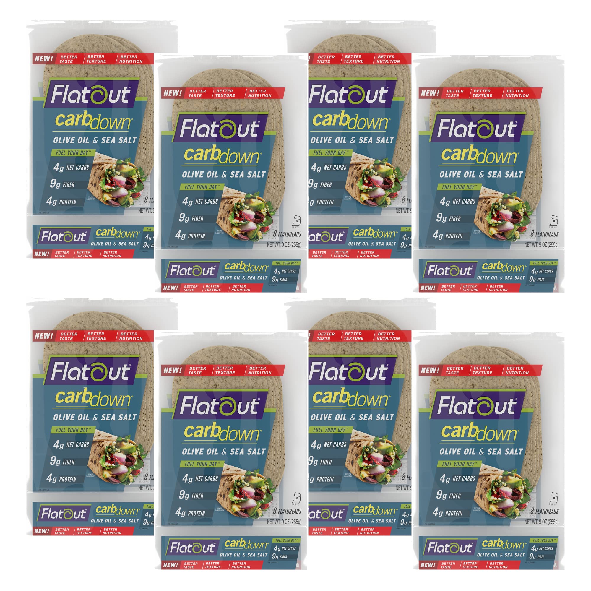 FlatoutFlatbread, CarbDown Olive Oil and Sea Salt Wraps, Perfect for Use as Sandwich Bread, Pizza Crust, Tortillas, Wraps and More, 8 Flatbreads, 8 Pack