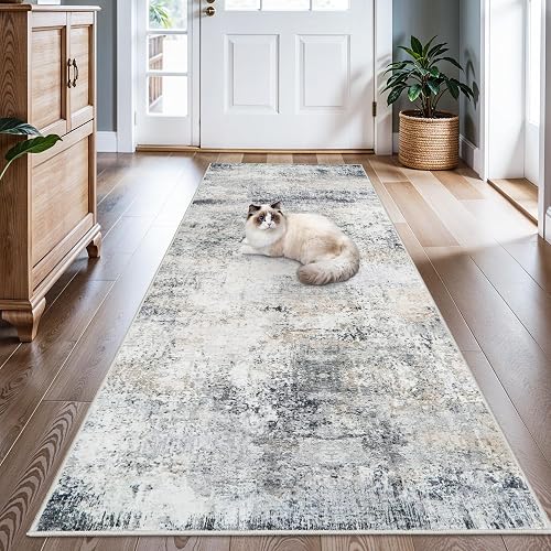 HILORUUG 3x8 Non Slip Runner Rug Washable Abstract Blue Grey