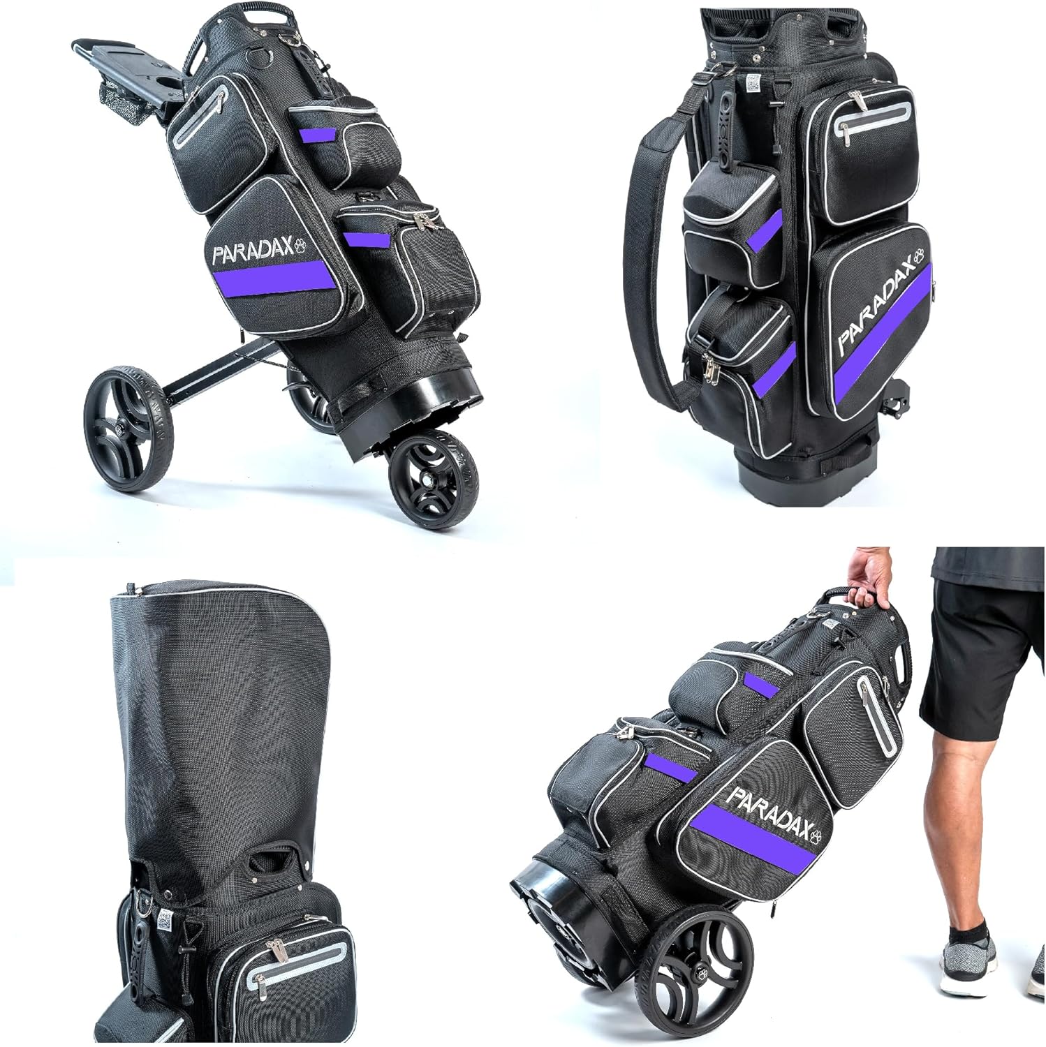 Paradax AI-1 All-in-One Golf Bag with Built-in 3-Wheel Push Cart Bundle | Includes Hood Cover and Bag Strap