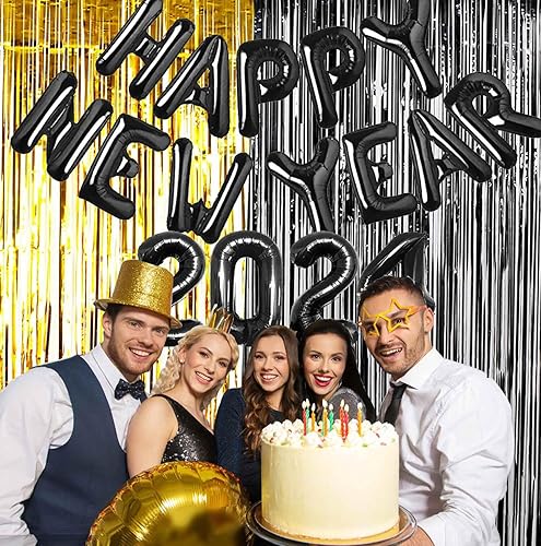 Miniatura 4 de Globos negros de feliz año nuevo 2024, globos de aluminio de 16 pulgadas, decoraciones de Año Nuevo 2024 para fiesta de Año Nuevo, decoración de Año