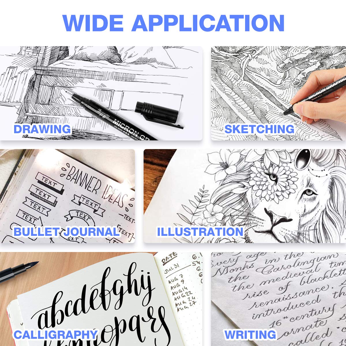 Black Fineliner Pens, 12 Pack Fineliners Technical Drawing Pens Micro