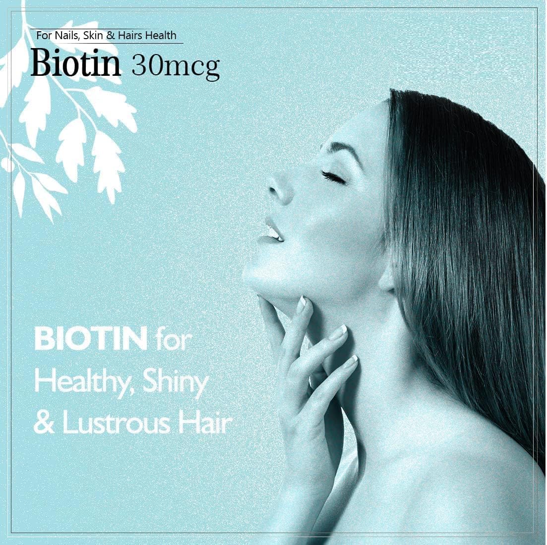 Biotin 30mcg Supplement for Hair Growth, Strong Hair and Glowing Skin, Fights Nail Brittleness, 90 Tablets
