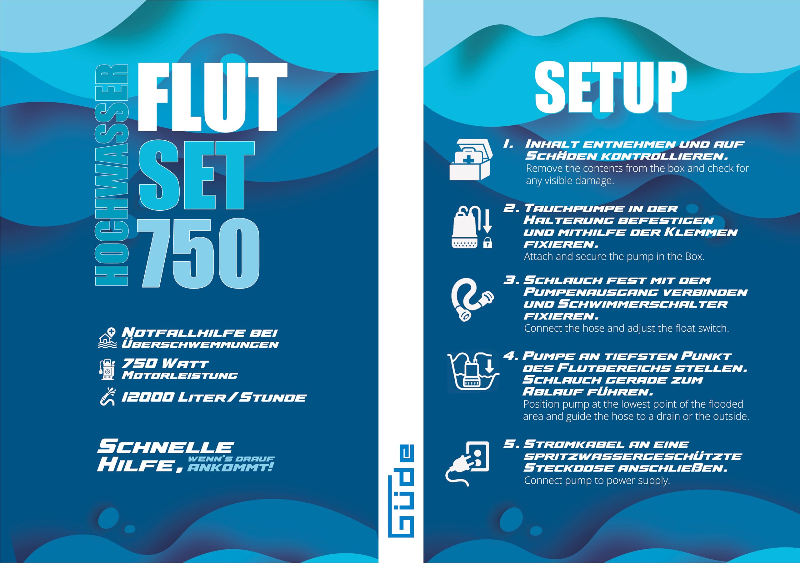 Güde Hochwasser Flut-Set 750-230 Volt, 750 Watt, 12000 Liter pro Stunde maximale Fördermenge, 8 Meter maximale Förderhöhe, 7 Meter maximale Eintauchtiefe, inkl. 10 Meter Druckschlauch, Transportbox