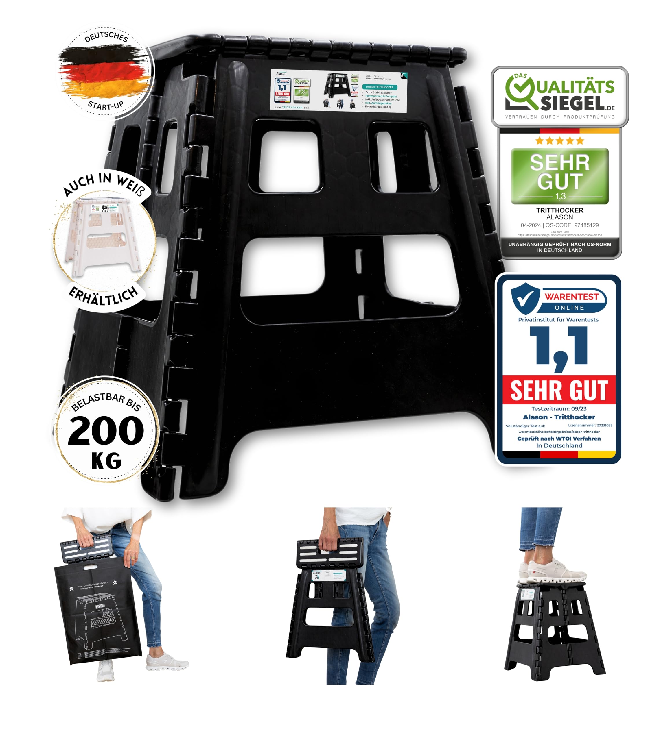 VERGLEICHSSIEGER - Alason® Tritthocker Opvouwbaar 39 cm, belastbaar tot 200 kg – Met ophanghaak & opbergtas – Ruimtebesparende, opvouwbare kruk in wit/ beige voor huis, keuken, badkamer & garage