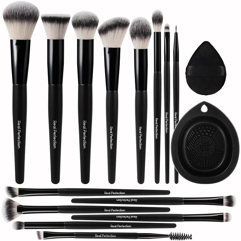 Kit de Pincéis de Maquiagem Real Perfection com 14 peças, tigela dobrável de silicone e esponja para pó, Preto
