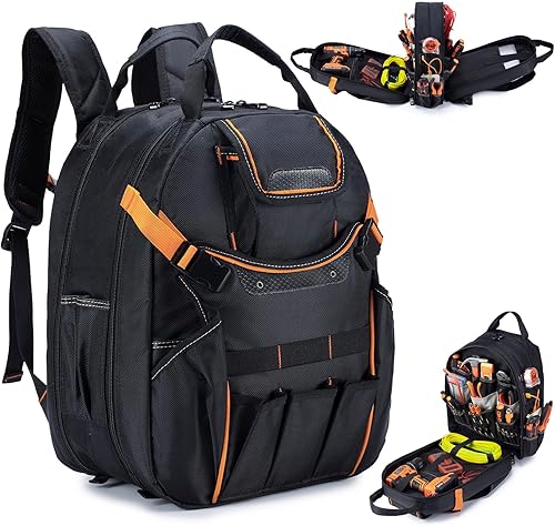 KSIBNW Mochila de herramientas resistente para hombres, bolsas organizadoras de 45 bolsillos con compartimento para laptop, portaherramientas