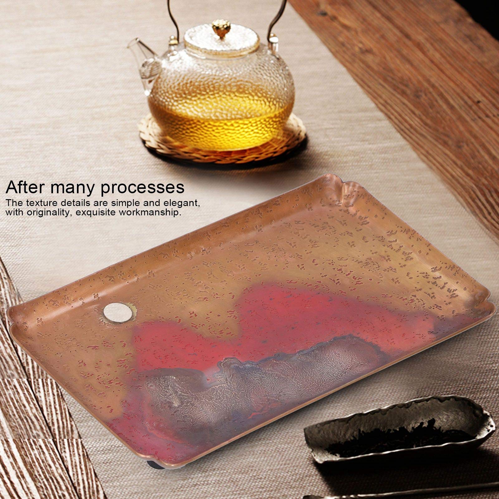Ejoyous Bandeja de té Plato para Servir de Cobre Rojo 14 X 24 Cm Vajilla de Estilo Japonés con Almohadillas Antideslizantes para los Pies Base Poco Profunda para Tetera, Tazas, Velas, Uso en el
