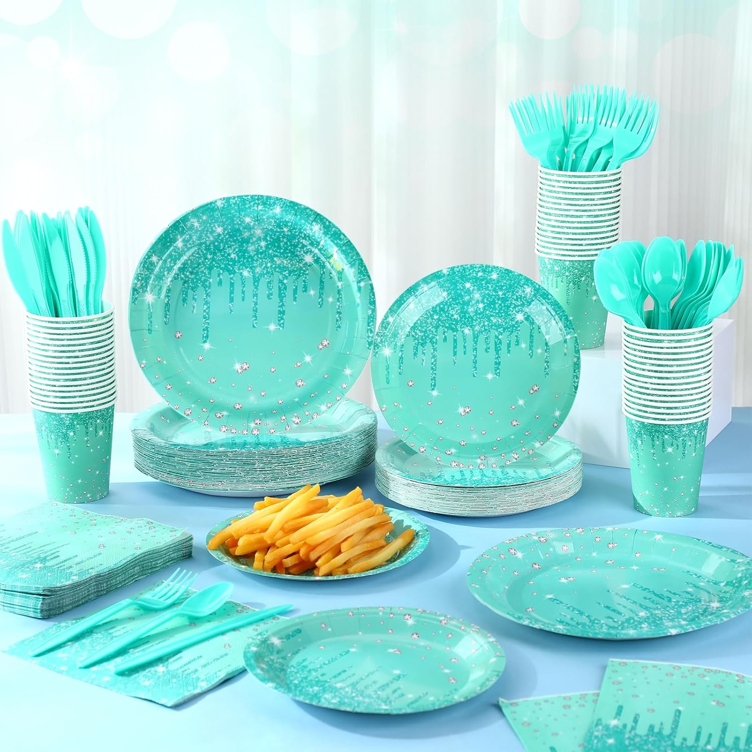 400 Pcs Teal and Silver Birthday Party Supplies Disposable Paper Plates Teal Glitter Diamonds Napkins and Cups for Women Birthday Anniversary Wedding Party Decorations Supplies