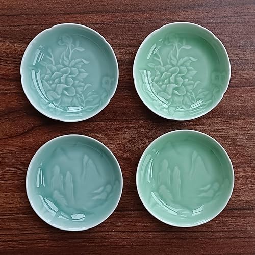 Miniatura 6 de Juego de 4 platillos chinos de 3.5 x 0.8 pulgadas para aperitivos de cerámica, postre para sushi, 1.2 onzas, mini platos, esmalte de celadón