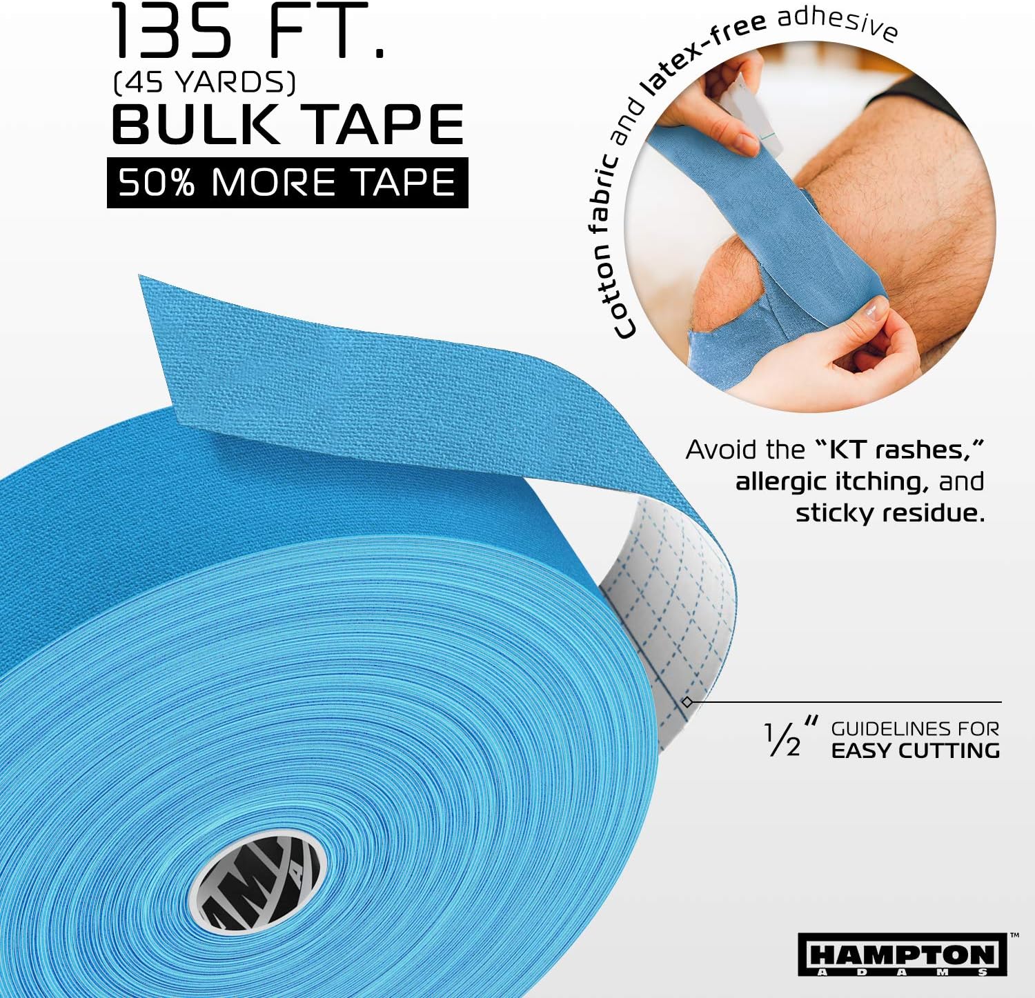 (135 Feet) Bulk Kinesiology Tape Waterproof Roll Sports Therapy Support for Knee, Muscle, Wrist, Shoulder, Back / Original Uncut Premium Therapeutic Elastic & Hypoallergenic Cotton - (Blue): Sports & Outdoors
