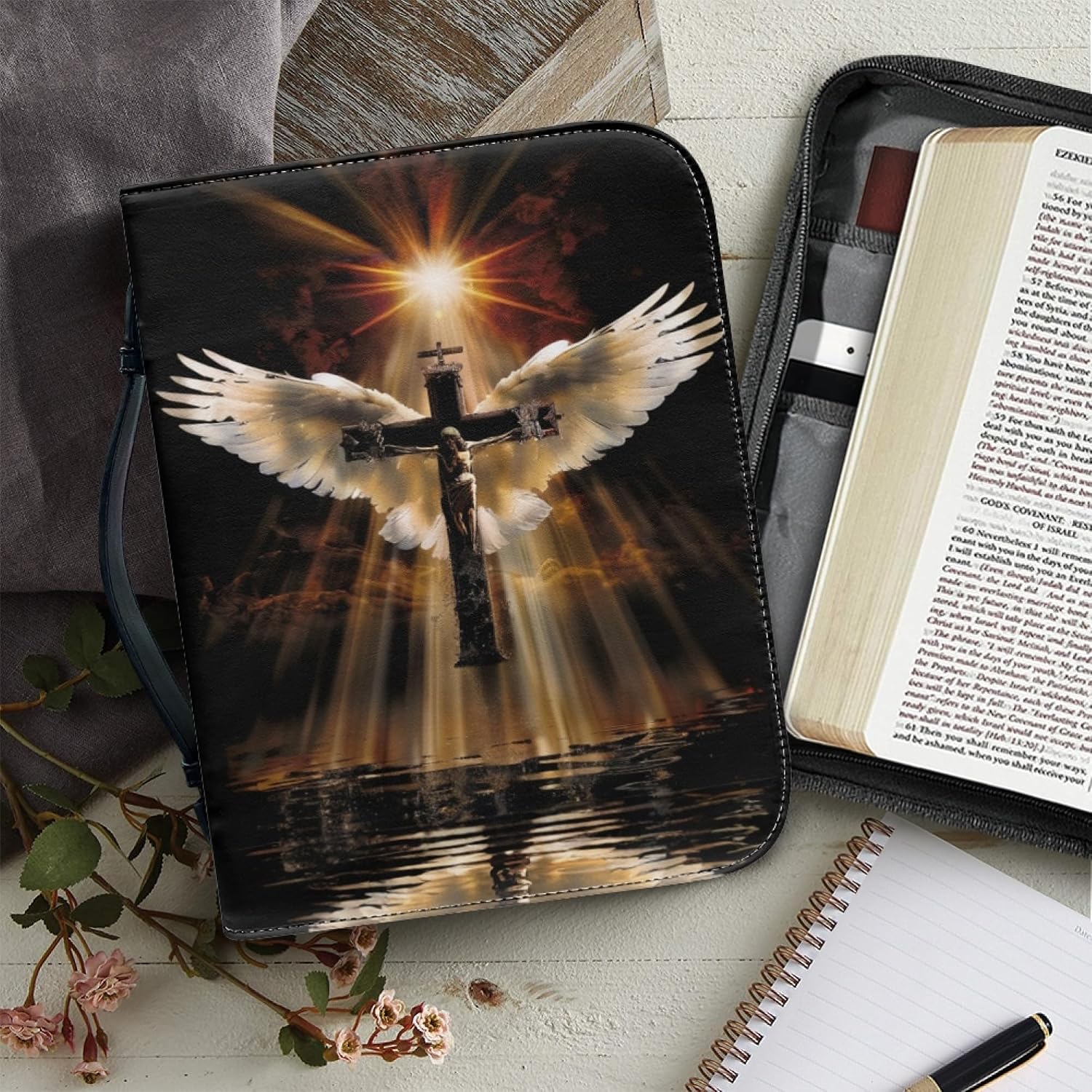 PU Bible Covers for Women Men, Large Size Bible Bag with Handle, Pockets and Zipper for Standard and Large Size Study Bible,Angel Wings Cross,Medium