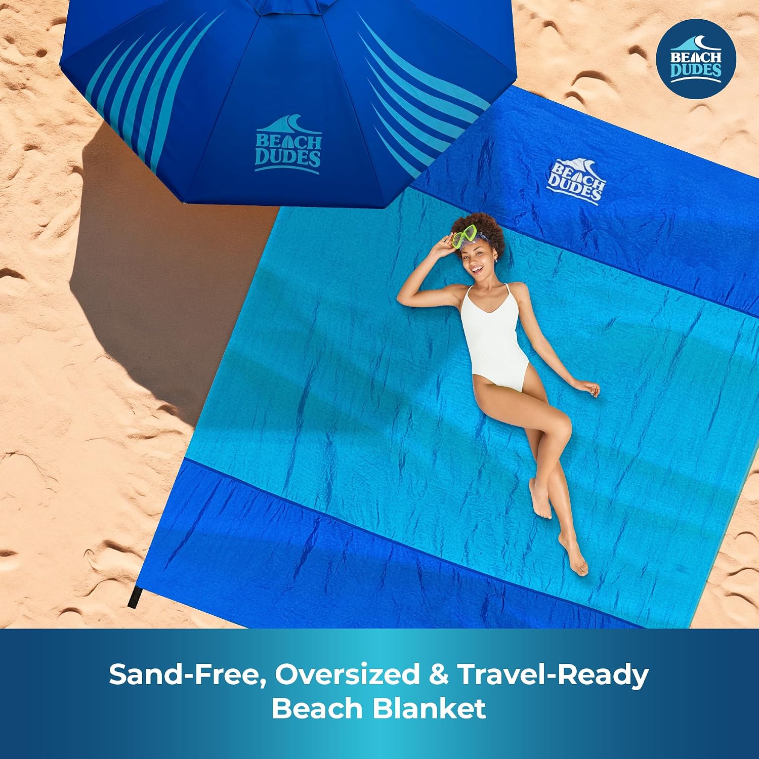 XL Sandproof & Waterproof Beach Blanket 9x7 | Stakes Included. Blue image 3