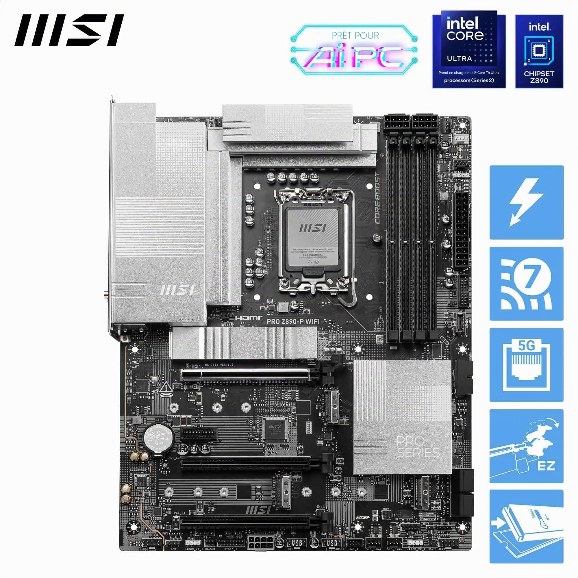 MSI Pro Z890-P WiFi Carte mère, ATX - pour processeurs Intel Core Ultra (série 2), LGA 1851 - DrMOS 55A, Mémoire DDR5 (9200+MT/s OC), PCIe 5.0 x16 & 4.0 x16, M.2 Gen5, Thunderbolt 4, Wi-FI 7, 5G LAN