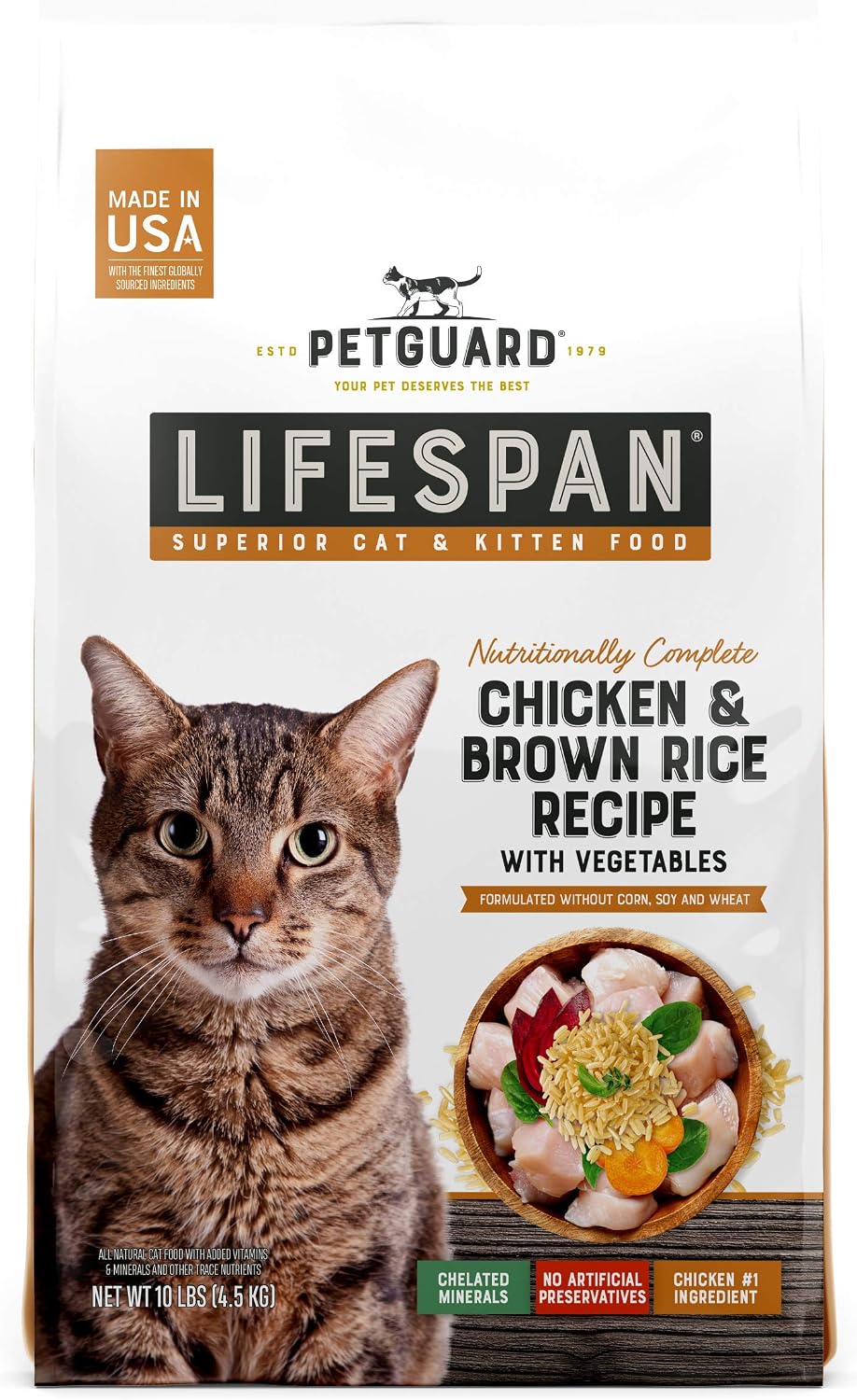 PetGuard LifeSpan Chicken, Brown Rice Recipe with Vegetables, Superior Cat and Kitten Food Food, 10-lb bag