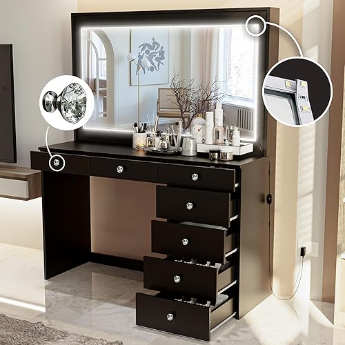 Miniatura 6 de Boahaus Joan Vanity - Escritorio de maquillaje con 7 cajones, espejo ancho de Hollywood, pomos de cristal, sin luces incluidas, mesa de maquillaje