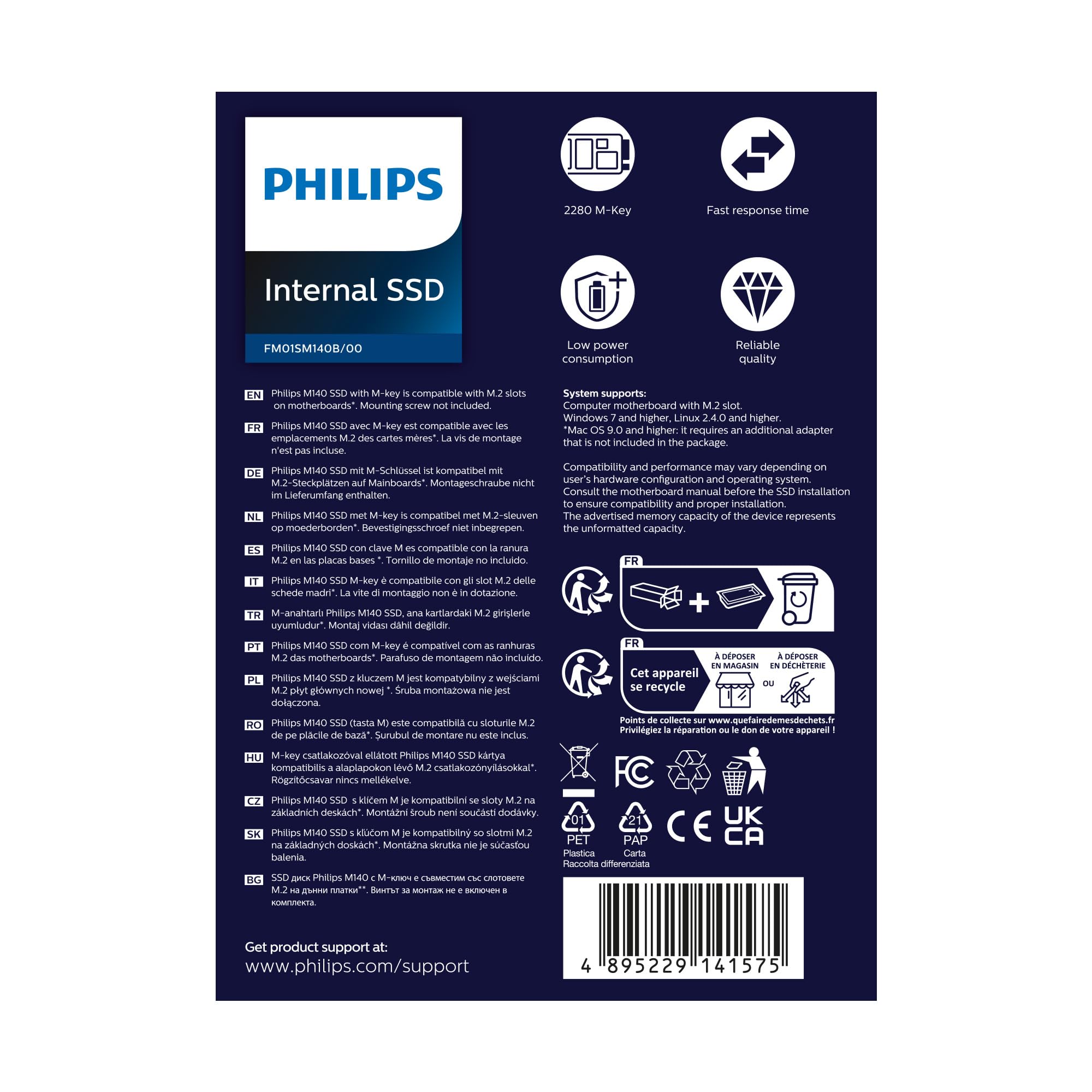 Philips Unidad Interna de Estado sólido M.2 M140 NVMe PCIe Gen3 1 TB (2280), para PC de sobremesa y portátiles, edición de gráficos y vídeos, Juegos, Lectura de 3500 MB/s, Escritura de 3000 MB/s