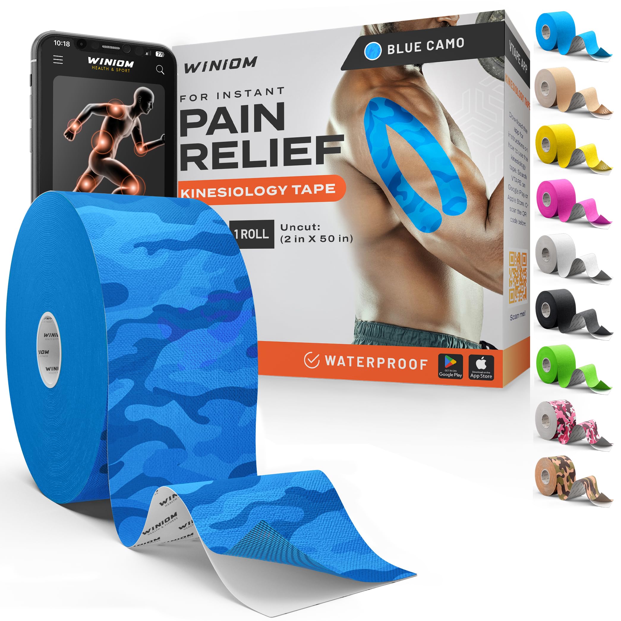 Kinesiology Tape - Waterproof Athletic Sports Tape for Knee, Shoulder, Arm &amp; Back Support | 3-5 Day Adhesion, Hypoallergenic &amp; Latex-Free + Taping Guide (Uncut, 2"x50ft Roll, Electric Blue Camo)