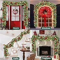 Vista 7 de Guirnalda de Navidad con luces, navideña, preiluminada, de 9 pies, funciona con pilas, corona con piñas, bayas rojas, artificial, para mantel