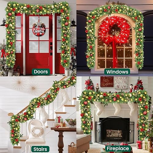 Miniatura 7 de Guirnalda de Navidad con luces, navideña, preiluminada, de 9 pies, funciona con pilas, corona con piñas, bayas rojas, artificial, para mantel,