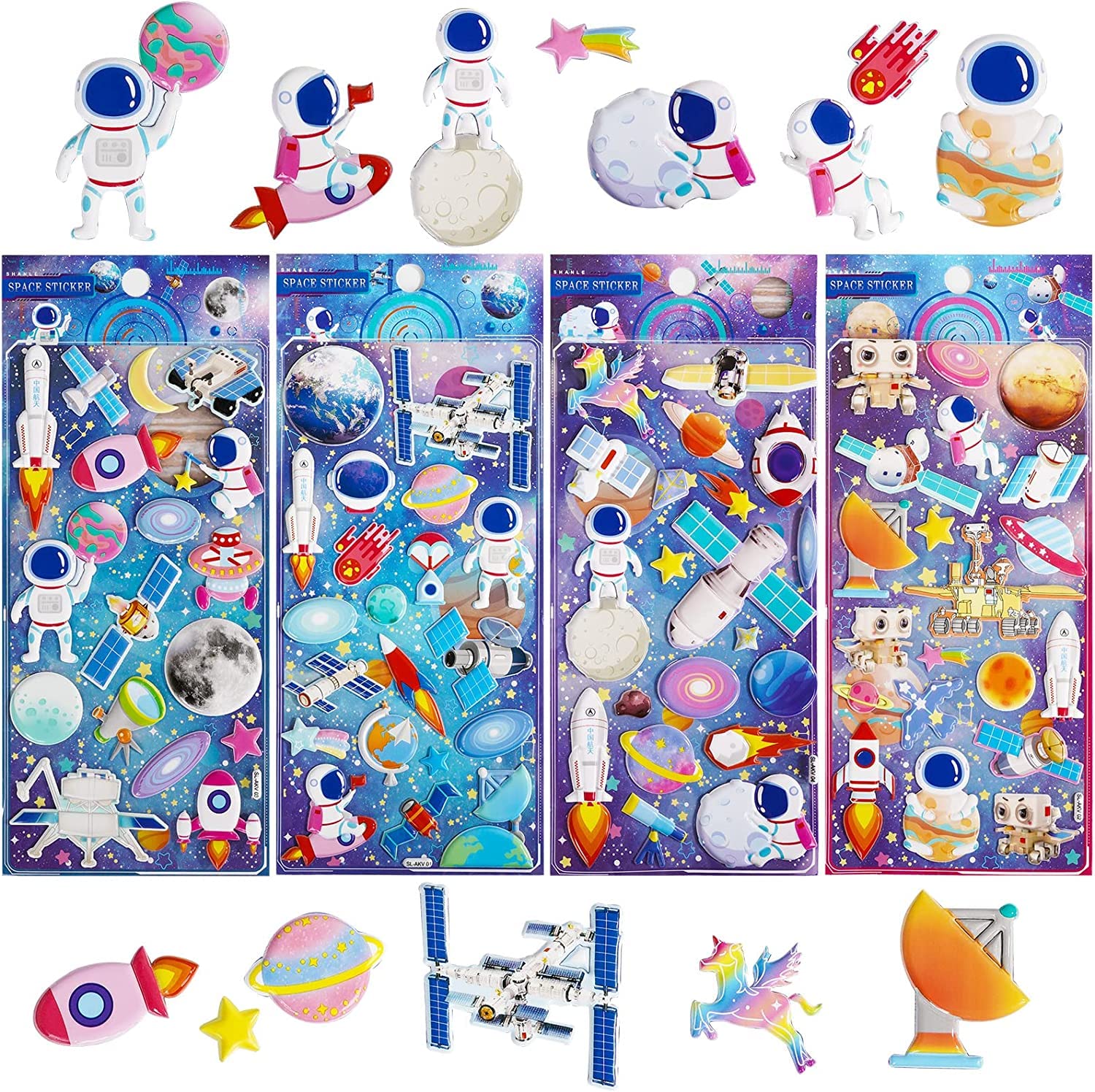 3D Puffy Space Stickers for Toddler Boys, 4 Pack Self Adhesive Foam Outer Space Themed Stickers with Planet, Astronaut, Rocket, Solar System for Scrapbooking Crafts, Party Favors Goodie Bags Stuffers