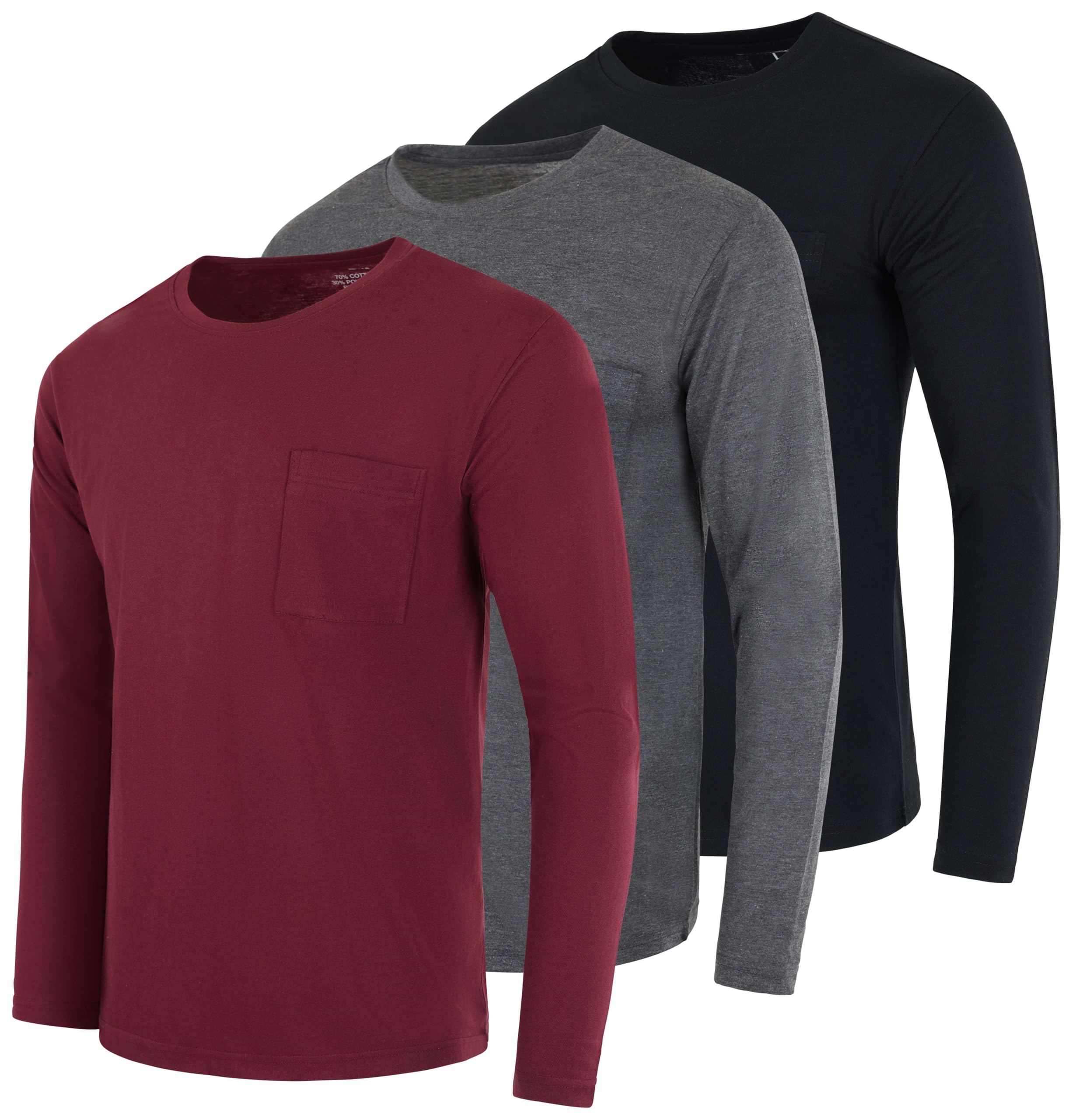 Real Essentials 3 Pack: Men's Cotton Long Sleeve Crew Neck T-Shirt with Pocket - Soft Work Casual Jersey Tees (Big & Tall)