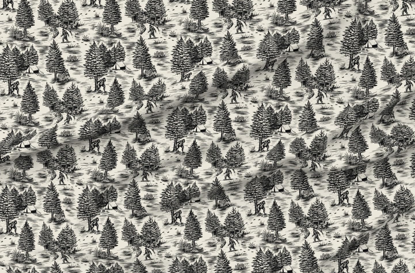 Spoonflower Fabric - Sasquatch Black Bigfoot Yeti Camping Toile Printed on Seersucker Fabric by The Yard - Sewing Lining Apparel Fashion Blankets Decor