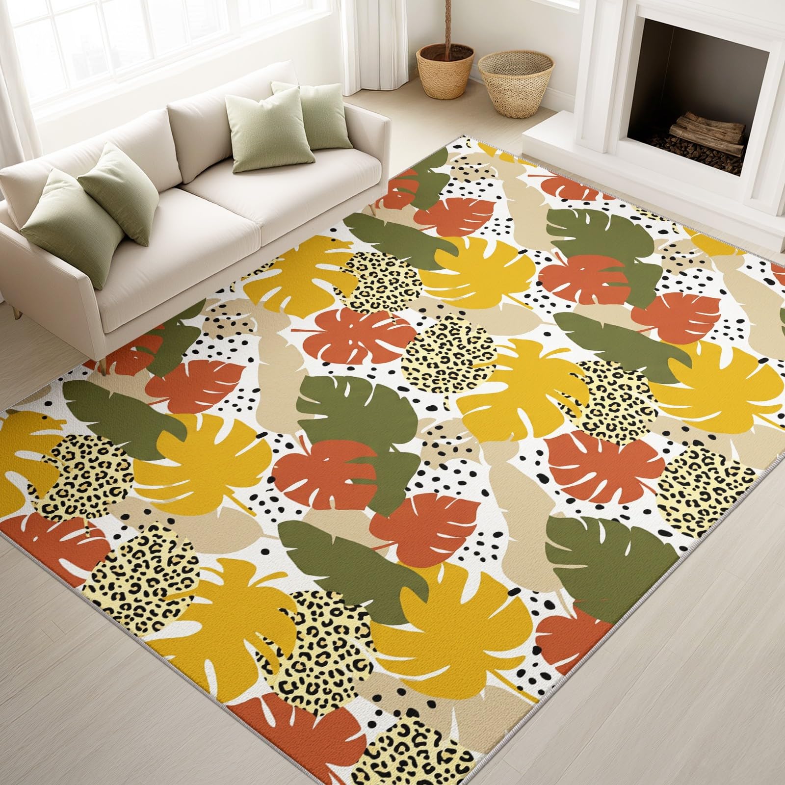 Tappeto per soggiorno, moderno, 120 x 170 cm, lavabile, antiscivolo, morbido, a pelo basso, antimacchia, motivo con foglie, decorazione per interni