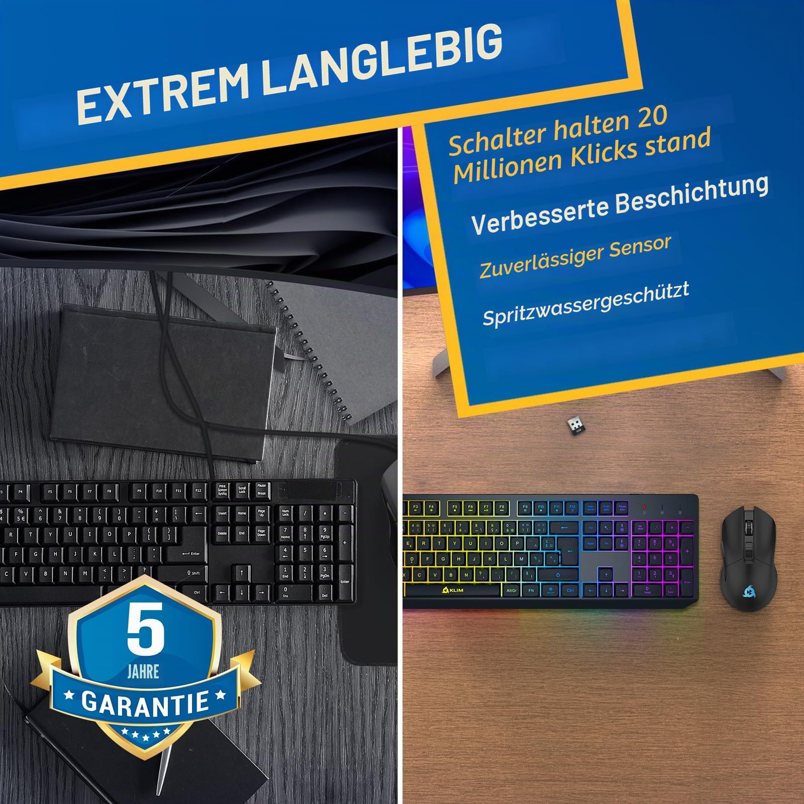 KLIM Blaze und Chroma Kabelloses Maus Tastatur Set AZERTY Französisch | Kombiset mit mehreren Empfängern Anti Ghosting Tasten und Windows Sperrfunktion, Schwarz