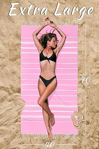 Miniatura 3 de Toalla de playa turca de algodón, grande, 39 x 71 pulgadas, toalla peshtemal ligera de gran tamaño, toalla de hammam prelavada (rosa claro)