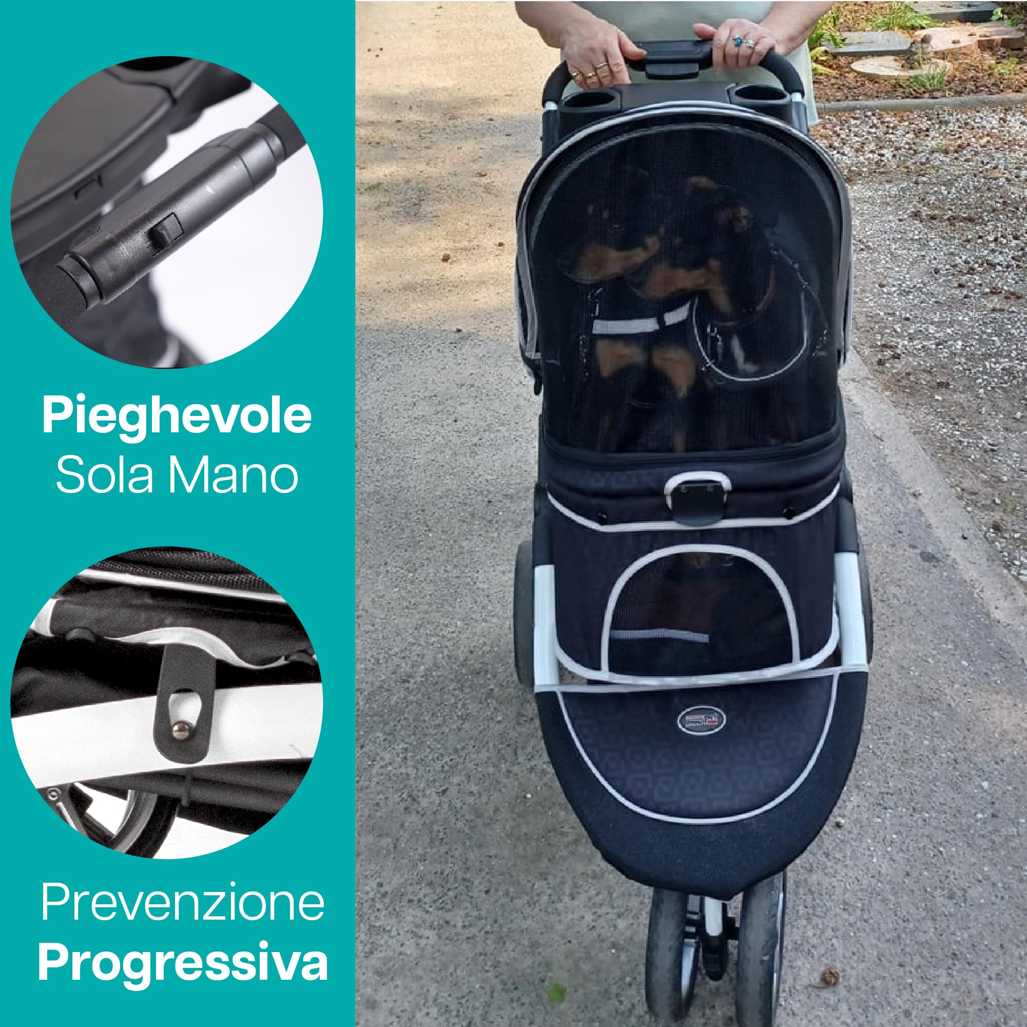 Innopet Monaco Passeggino per cani e gatti nero con copertura antipioggia, capacità 25 kg, pieghevole con una sola mano - Cestino portaoggetti convertibile - Cuscino double face