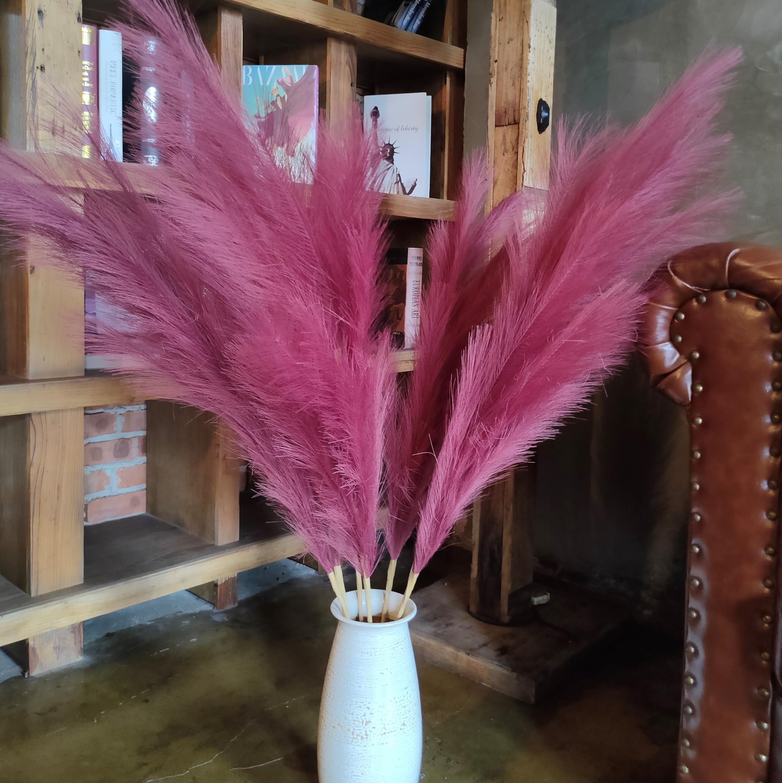 Pampas Grass Decor Tall,8pcs 43.3"/110cm Large Pampas Floral Fluffy,Long Feather Flowers for Boho Wedding Arangement Bedroom Living Room Decorations (burgundy red
