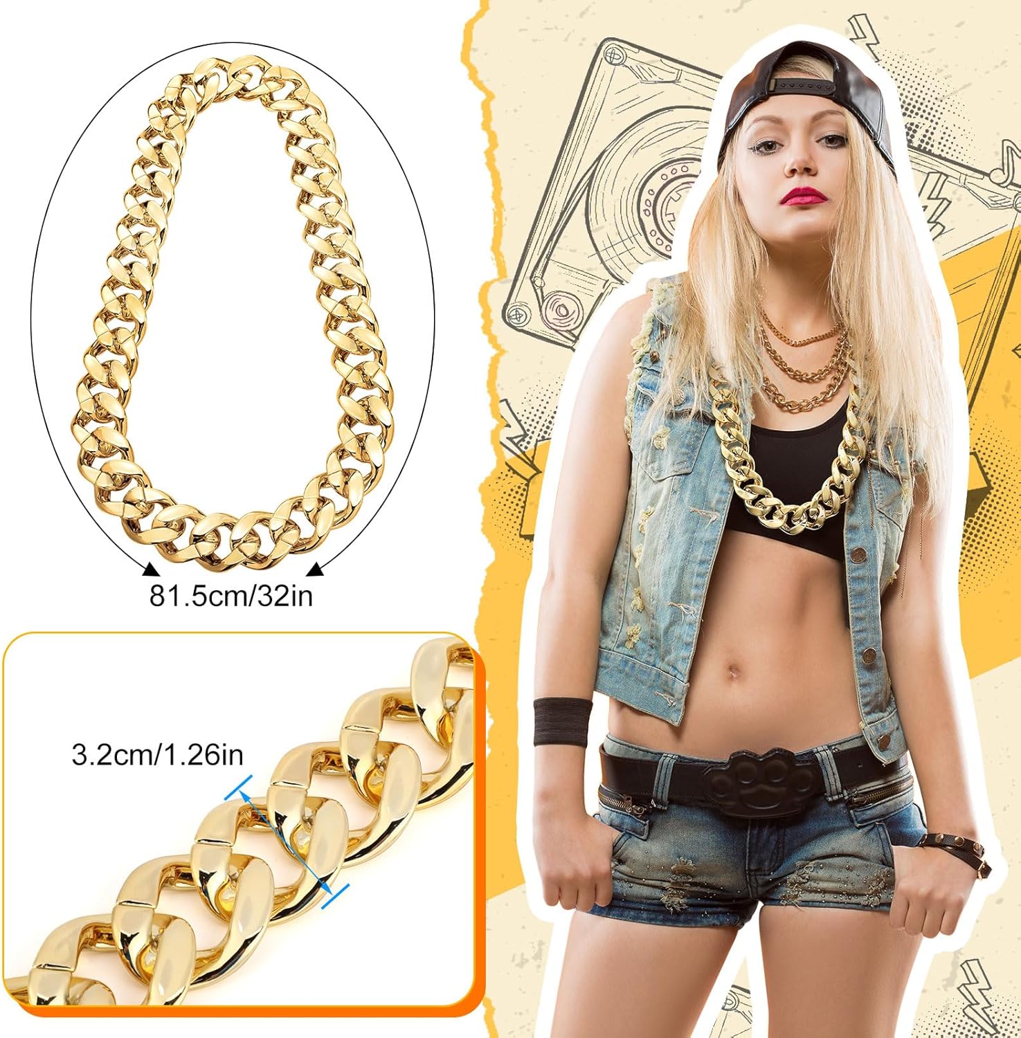 Jexine 12 Pcs Halloween Costume Rapper Chain, Hip Hop Chain Bulk Fake Necklace for Cosplay Men Women 80s 90s Punk, 32 Inch - Image 3