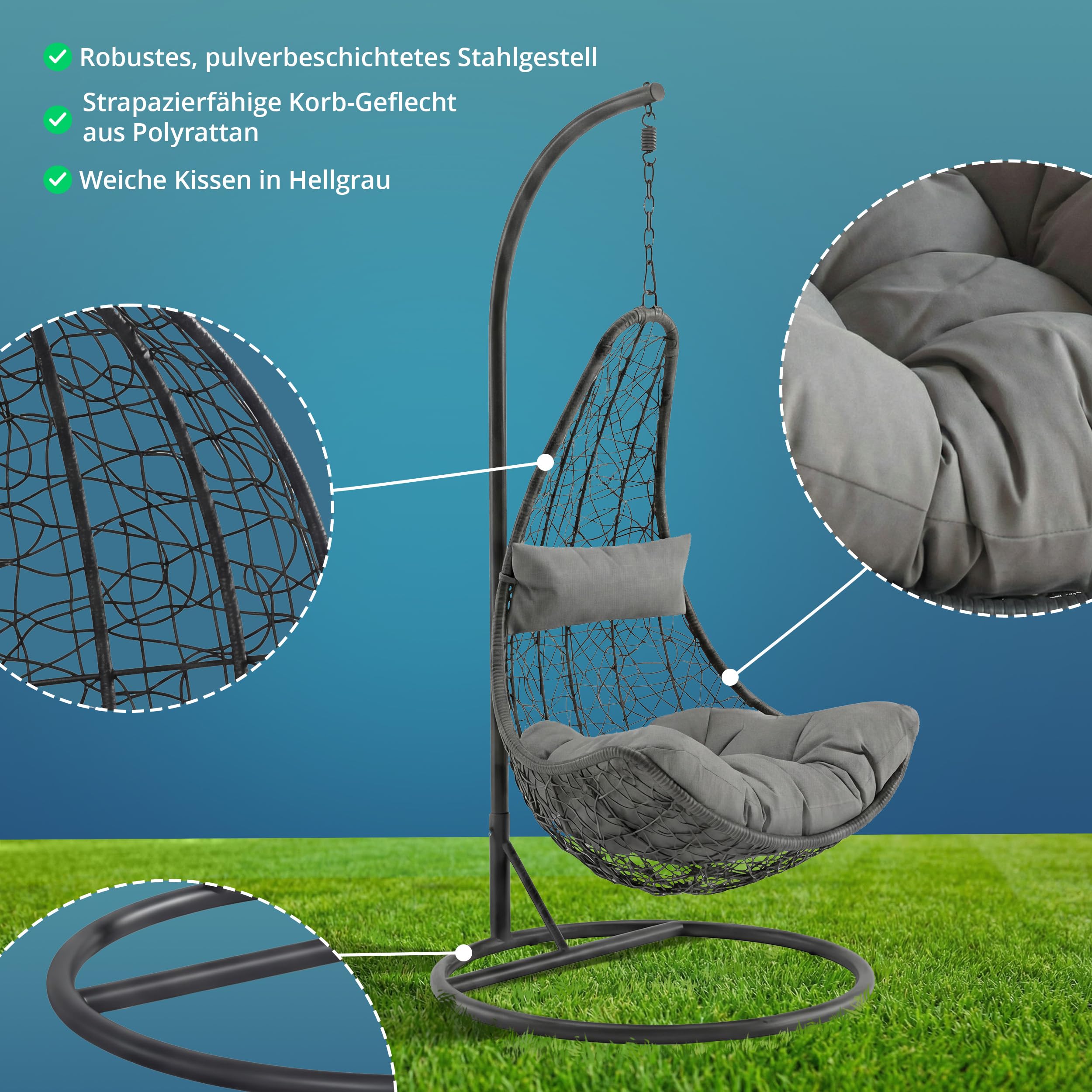 KHG Poltrona sospesa antracite, comodo cesto in vimini con cuscino grigio chiaro, per giardino e terrazza, resistente ai raggi UV, portata 120 kg, 83 x 83 x 201 cm