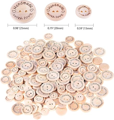Miniatura 2 de OOTSR 150 piezas de madera hechas a mano con amor redondo decoración artesanal 2 agujeros botones de costura de madera (15-0.787-0.984 in)