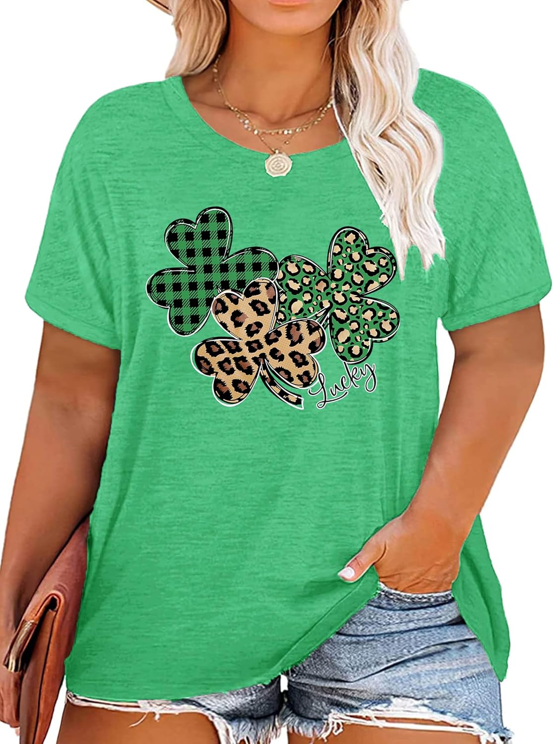 Plus Size St. Patrick's Day Shirt for Women Lucky Shamrock Tee Shirts Irish Clover Graphic Print Tops