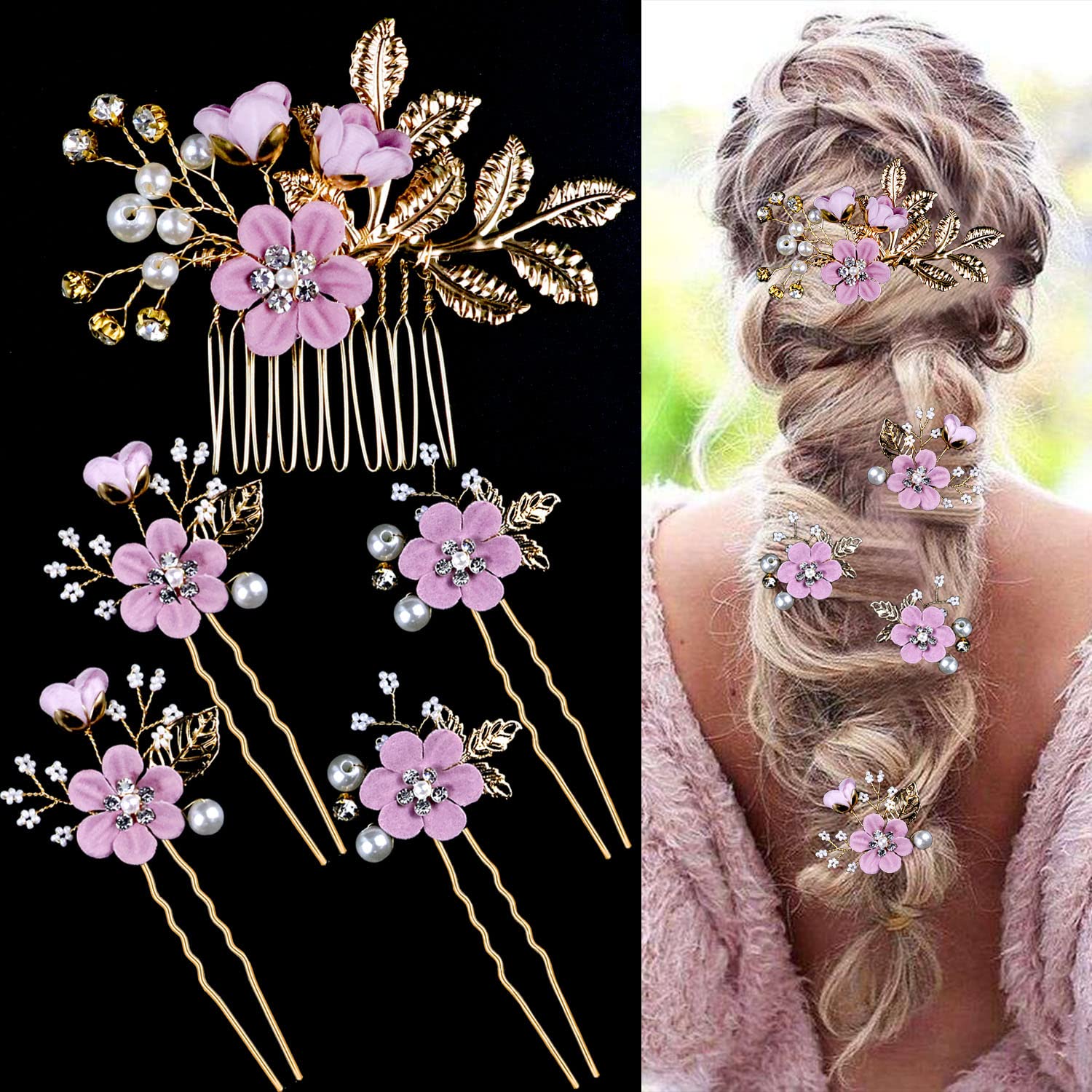 5 PCS Bridal Flower Wedding Hair Pins Crystal Pearl Hair Clips Headpiece Gold Wedding Hair Accessories Jewelry with Rhinestone for Brides Bridesmaids Women Girls Updo, Romantic Lilac Purple